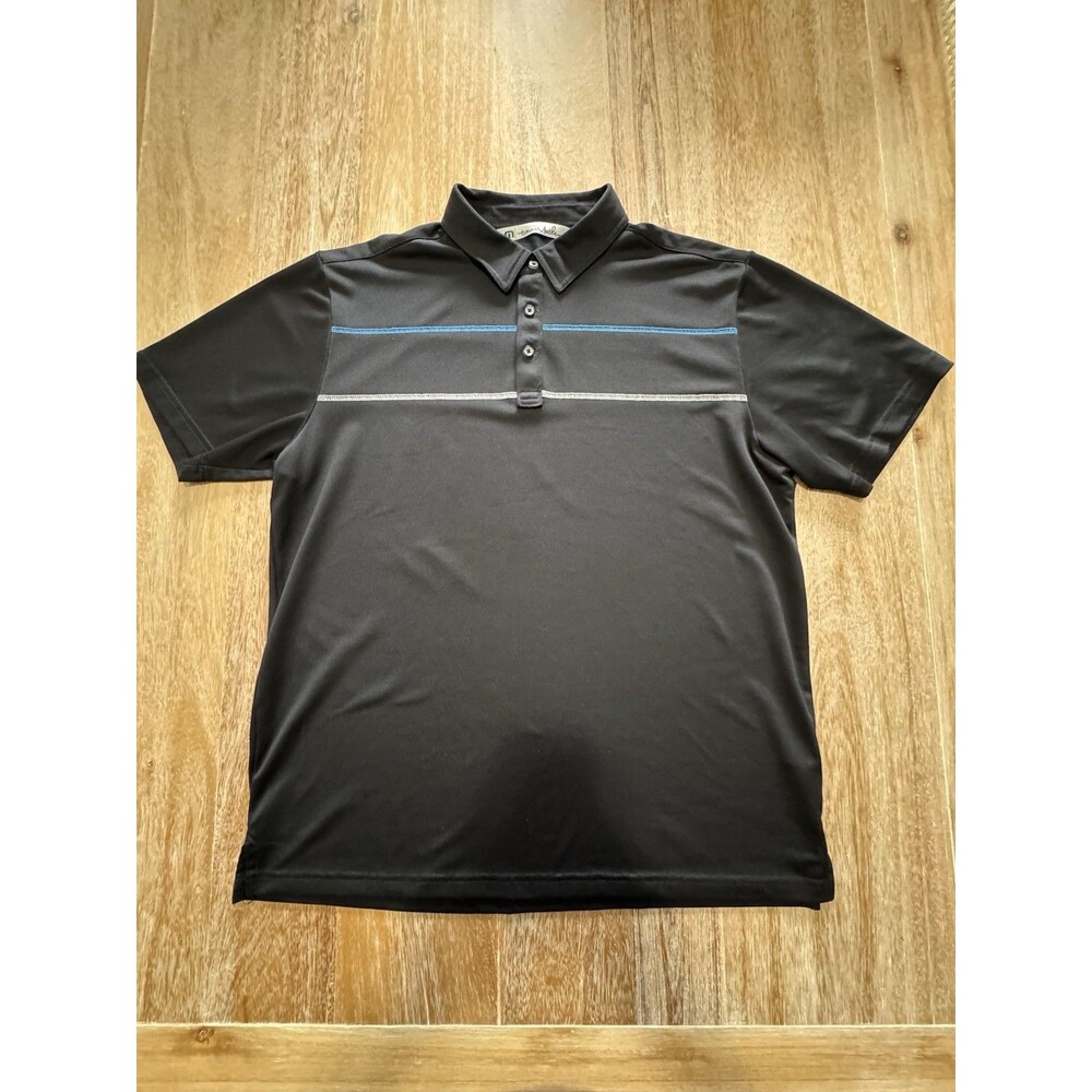 Travis Mathew Polo Shirt Golf Men's Black Striped Blue Gray L Short Sleeve